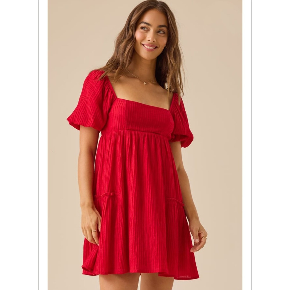 Altar'd State Womens Red Textured Gauze Puff Sleeve Tiered Mini Dress Medium